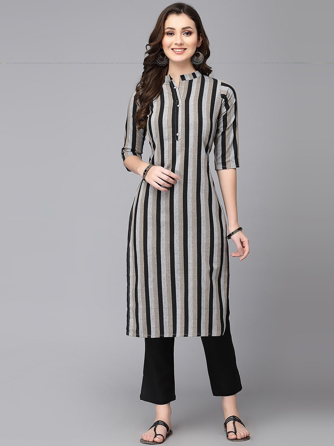 

KALINI Striped Mandarin Collar Pure Cotton Kurta, Grey