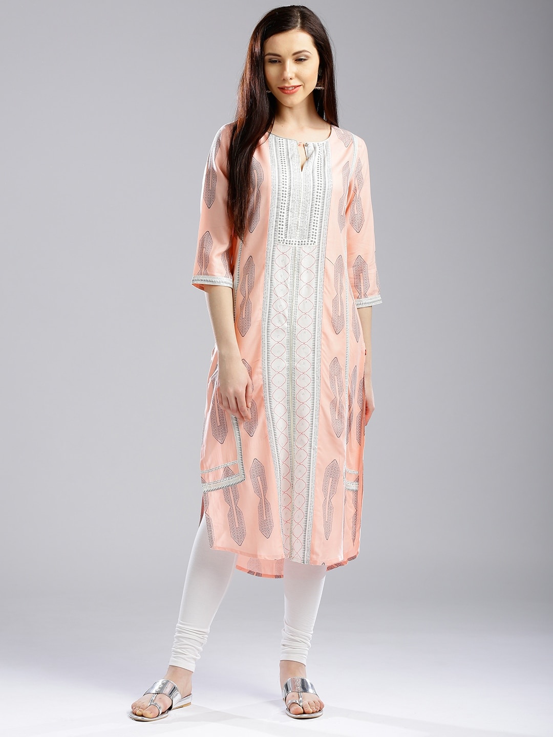 

W Women Peach-Coloured & Grey Printed Straight Sustainable Kurta