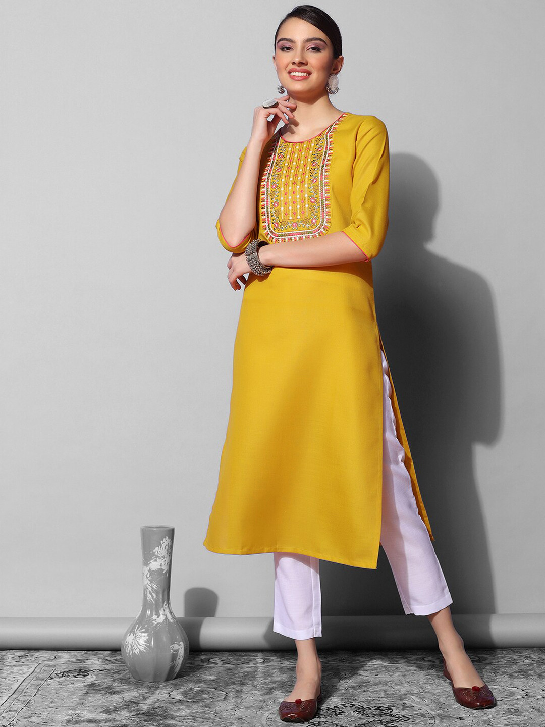 

KALINI Yoke Design Thread Work Kurta, Yellow
