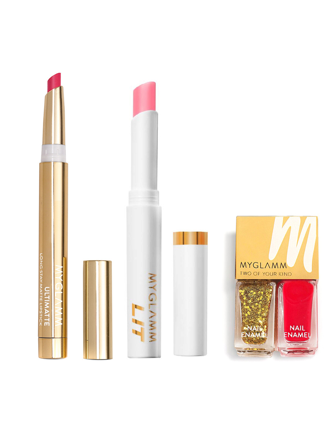 

MyGlamm Ultimatte Lipstick + LIT PH Lip Balm + Two Of Your Kind Glitter Nail Enamel Duo, Pink