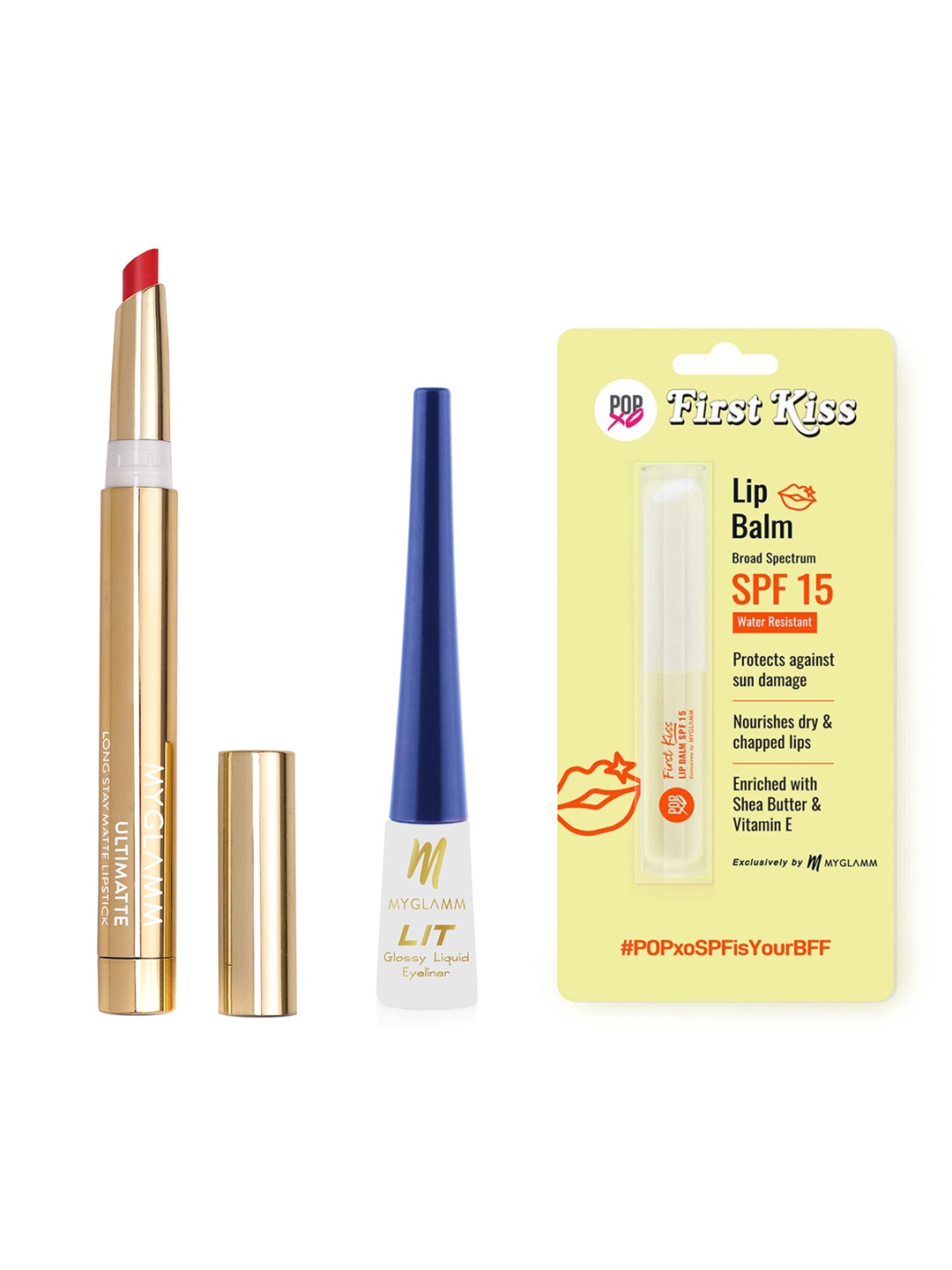 

MyGlamm Popxo First Kiss SPF 15 Lip Balm + LIT Glossy Liquid Eyeliner + Ultimatte Lipstick, Red