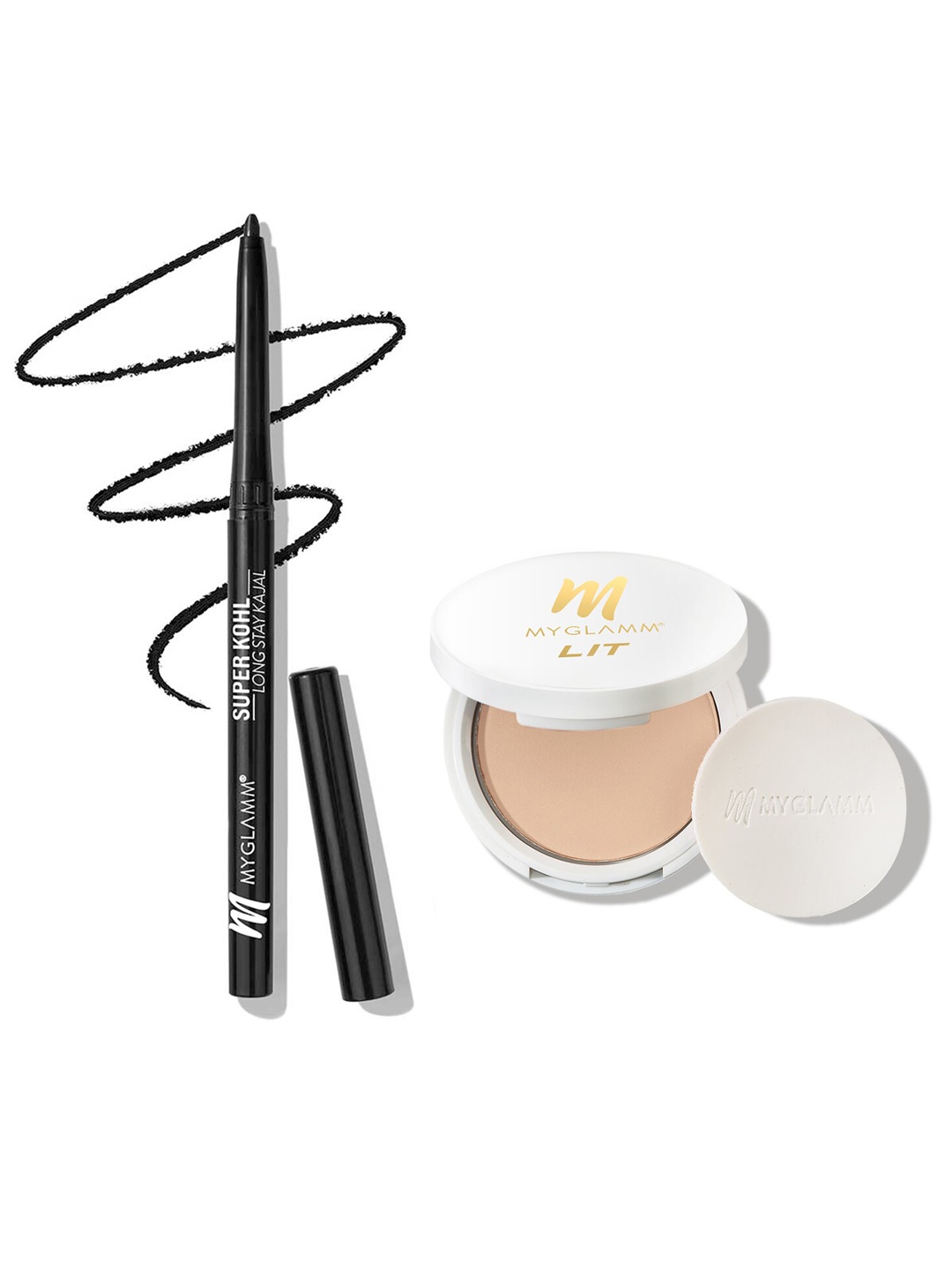 

MyGlamm Super Kohl Long Stay Kajal- Black & LIT Radiant Matte Compact- Serving Face 01, Beige