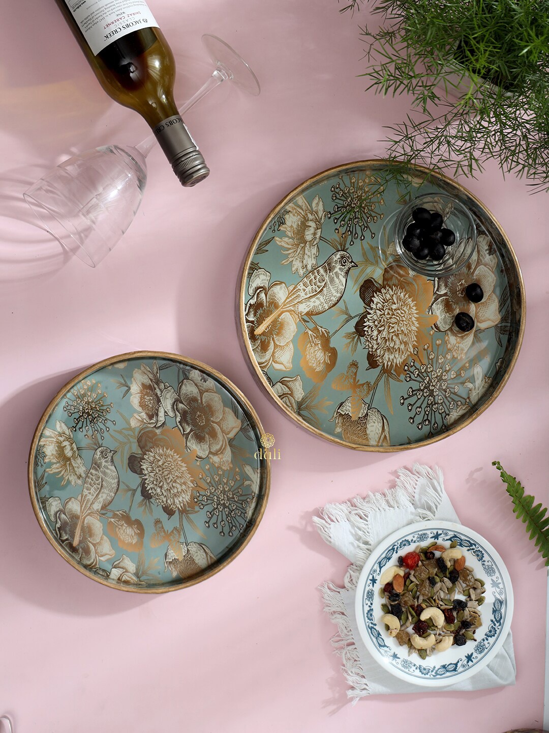 

DULI 2 Pcs Grey & Green Printed Round Trays
