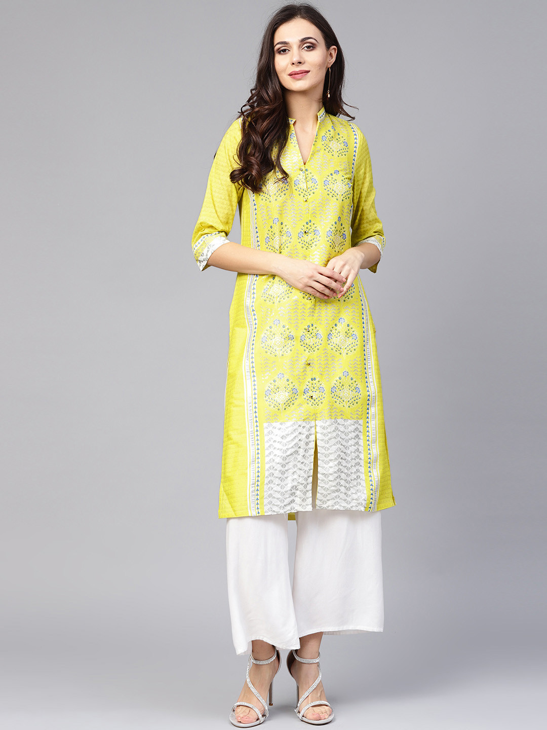 

W Women Lime Green & Blue Printed Straight Kurta