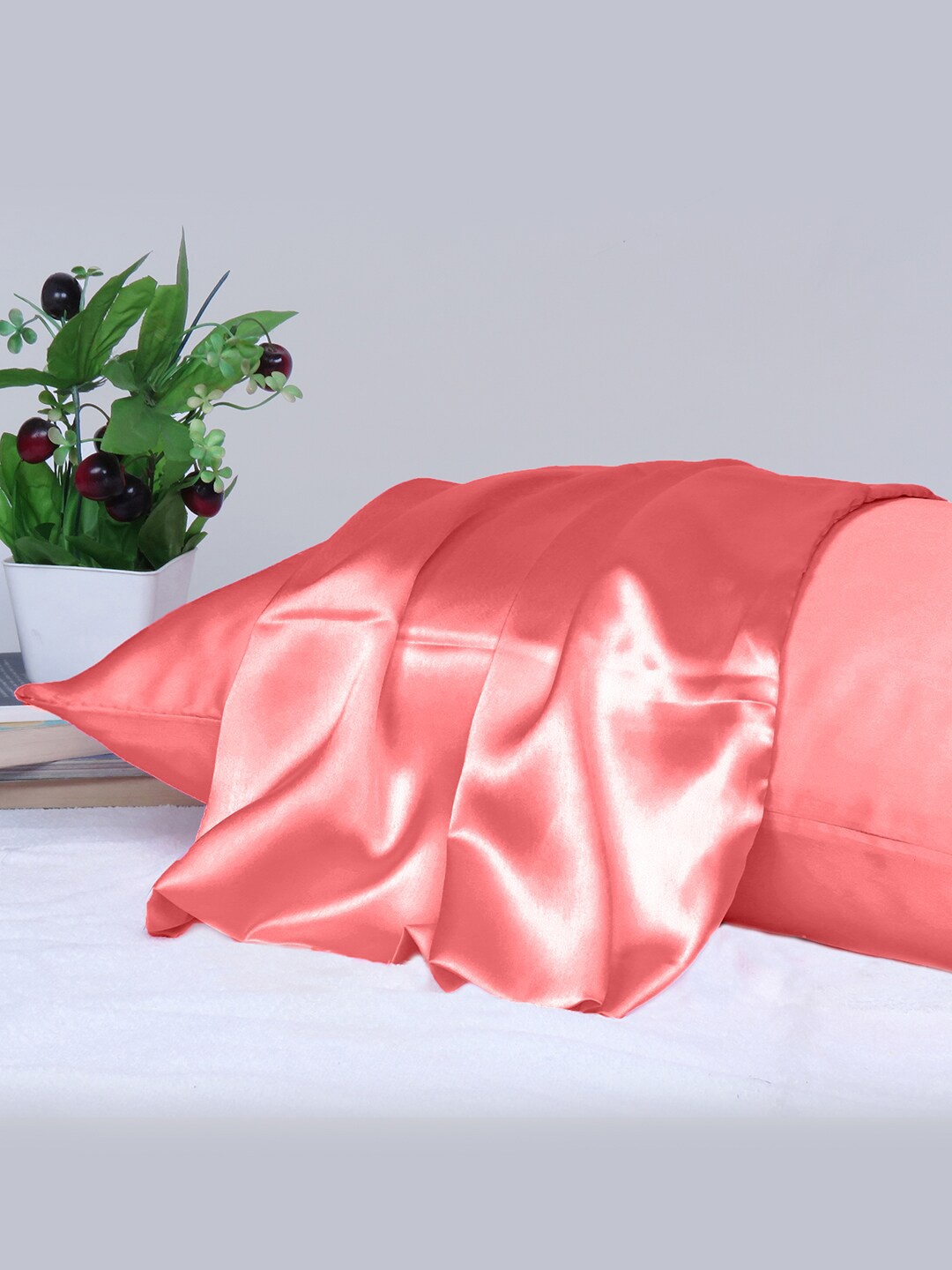 

OUSSUM Coral Pink Single Satin Rectangular Pillow Cover