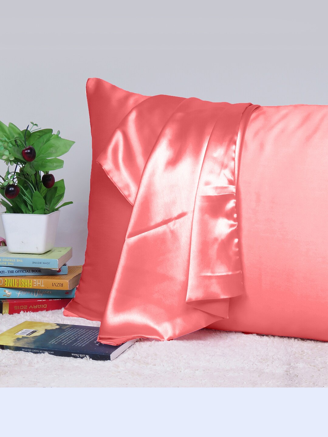 

OUSSUM Riara Coral Pink Satin Rectangular Pillow Cover, Red