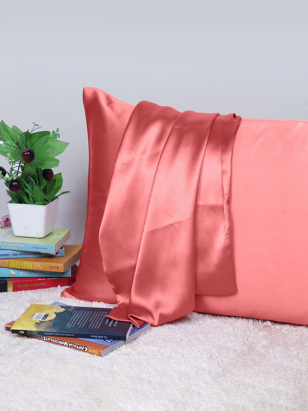 

OUSSUM Riara Coral Pink Satin Decorative Rectangular Pillow Cover