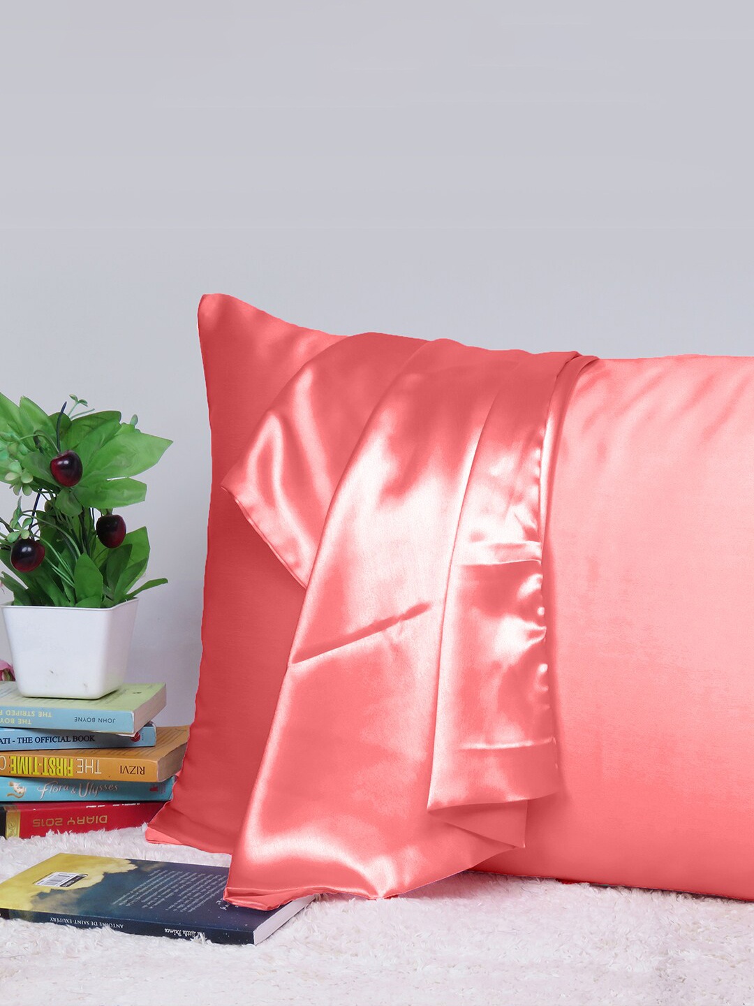 

OUSSUM Riara Coral Pink Satin Decorative Rectangular Pillow Cover, Red