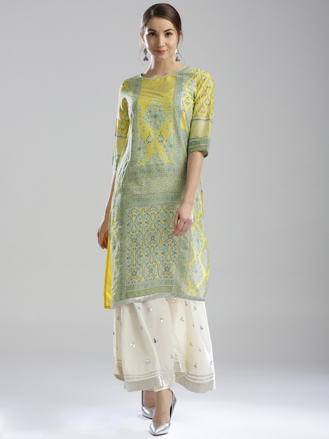 

W Women Lime Green Printed Straight Kurta