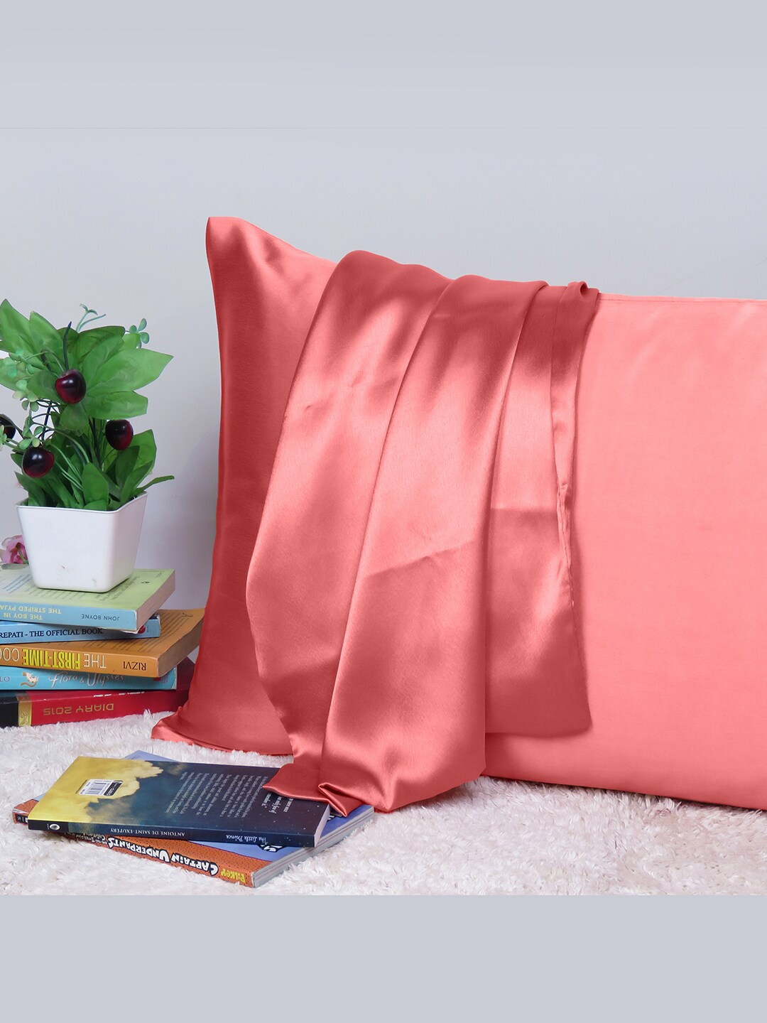 

OUSSUM Coral Pink Satin Rectangular Pillow Cover