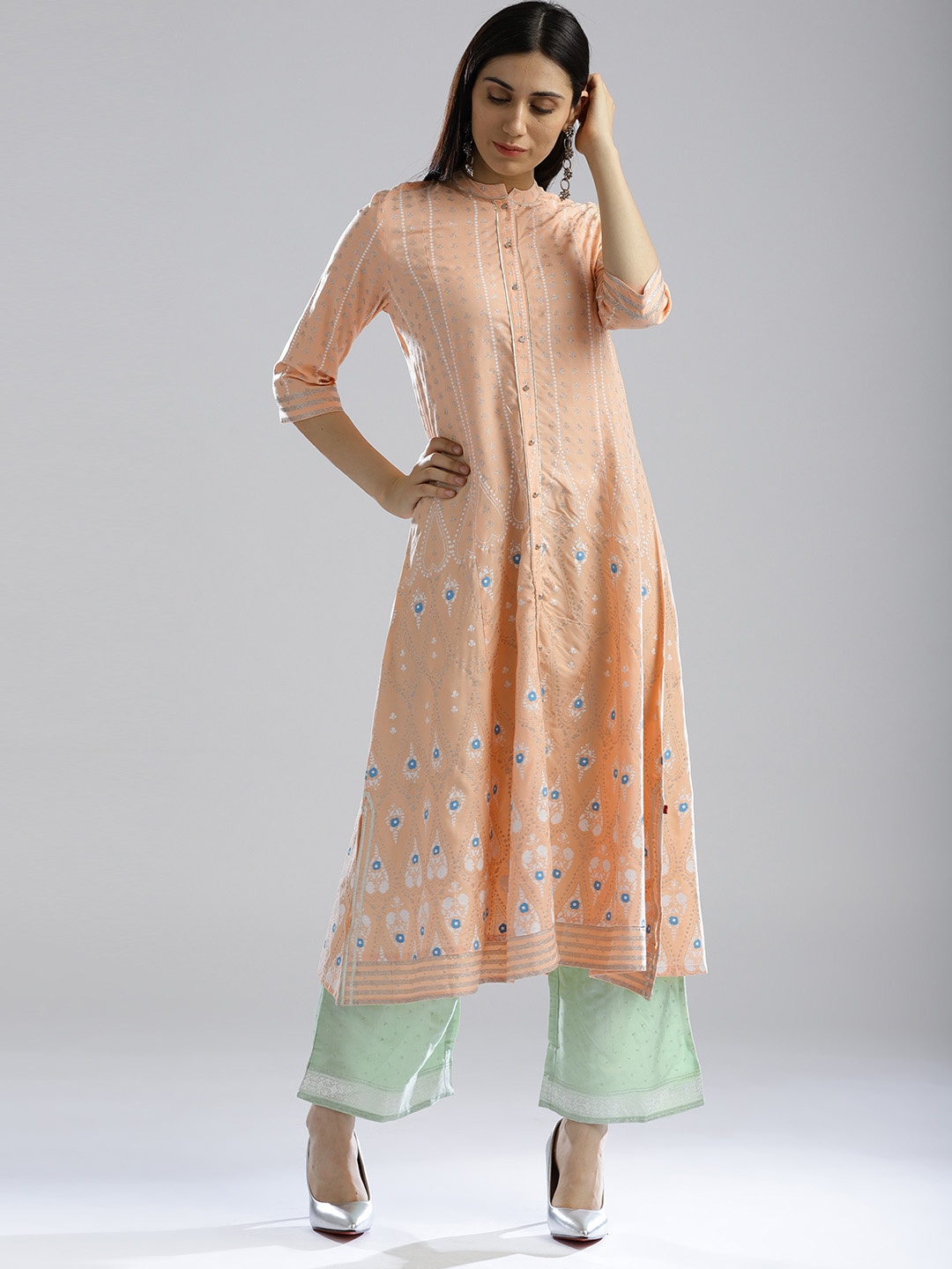 

W Women Peach-Coloured & White Printed A-Line Kurta