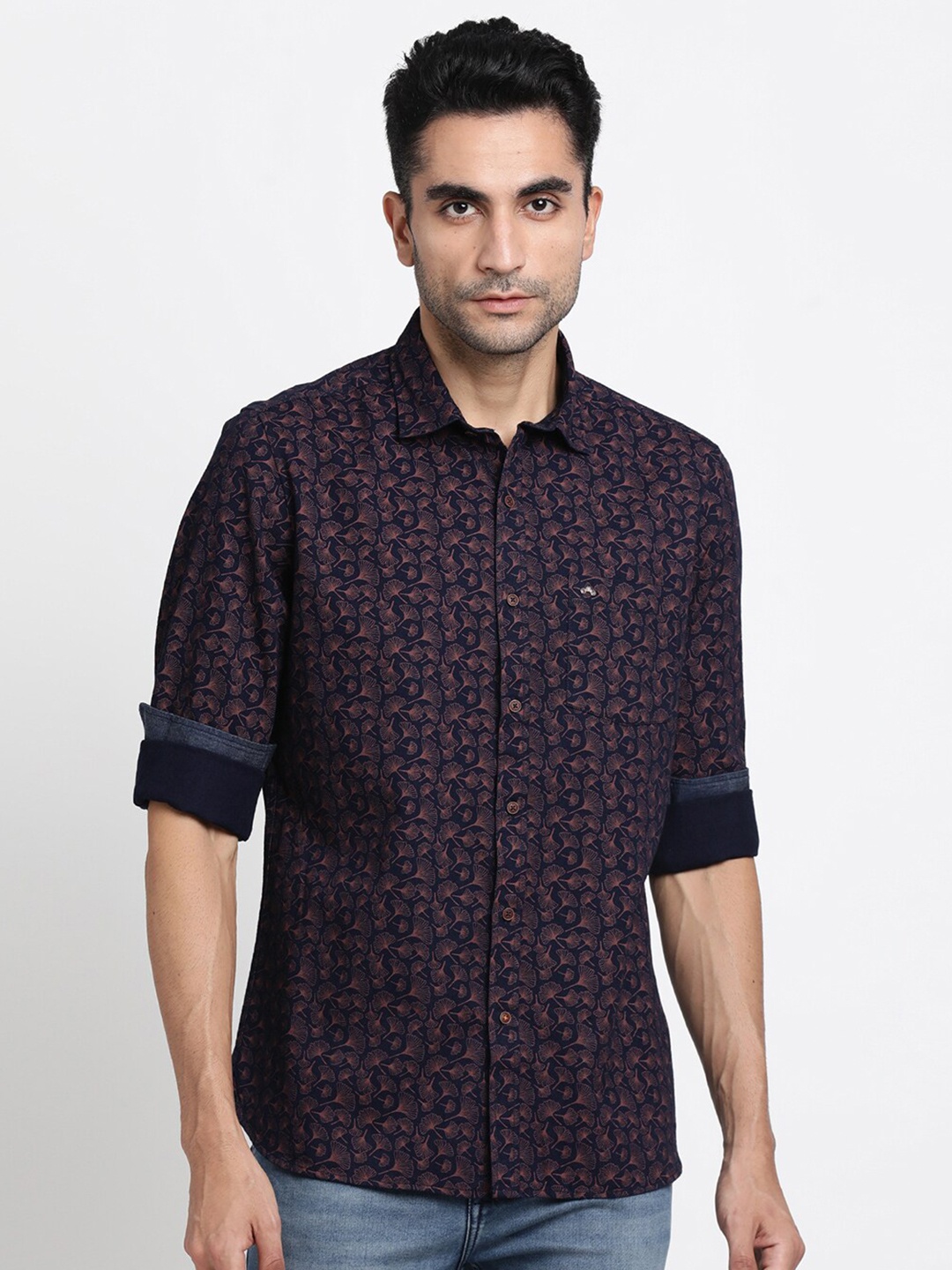 

Turtle Relaxed Slim Fit Floral Printed Casual Pure Cotton Shirt, Navy blue