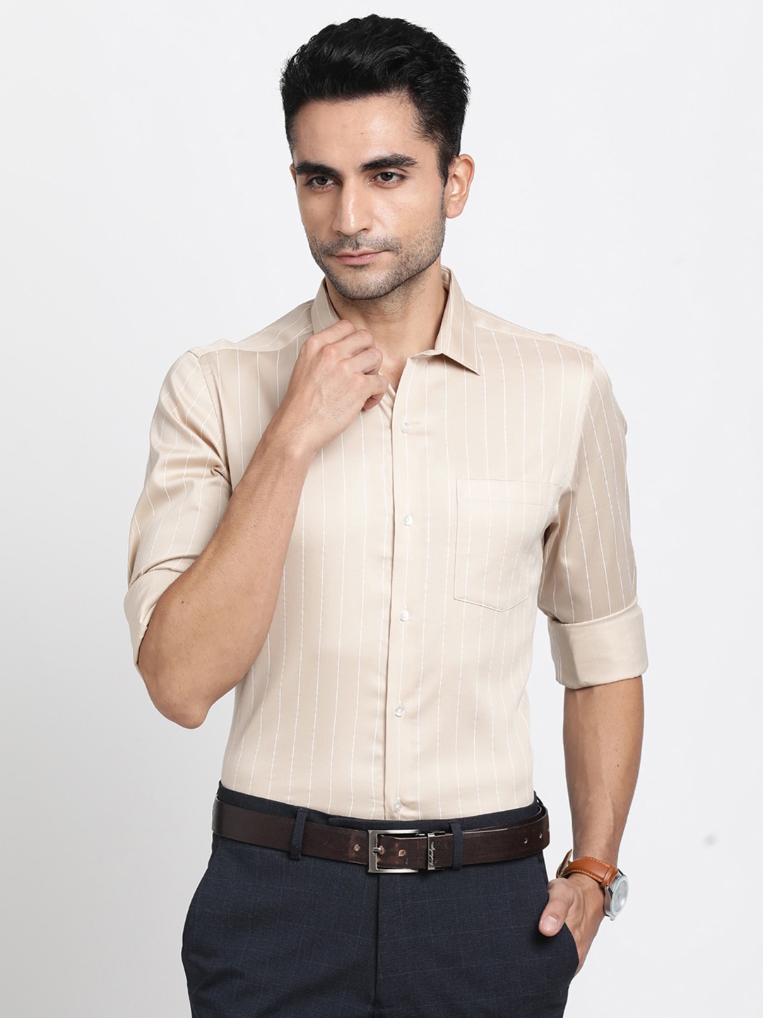 

Turtle Modern Slim Fit Vertical Striped Formal Shirt, Beige