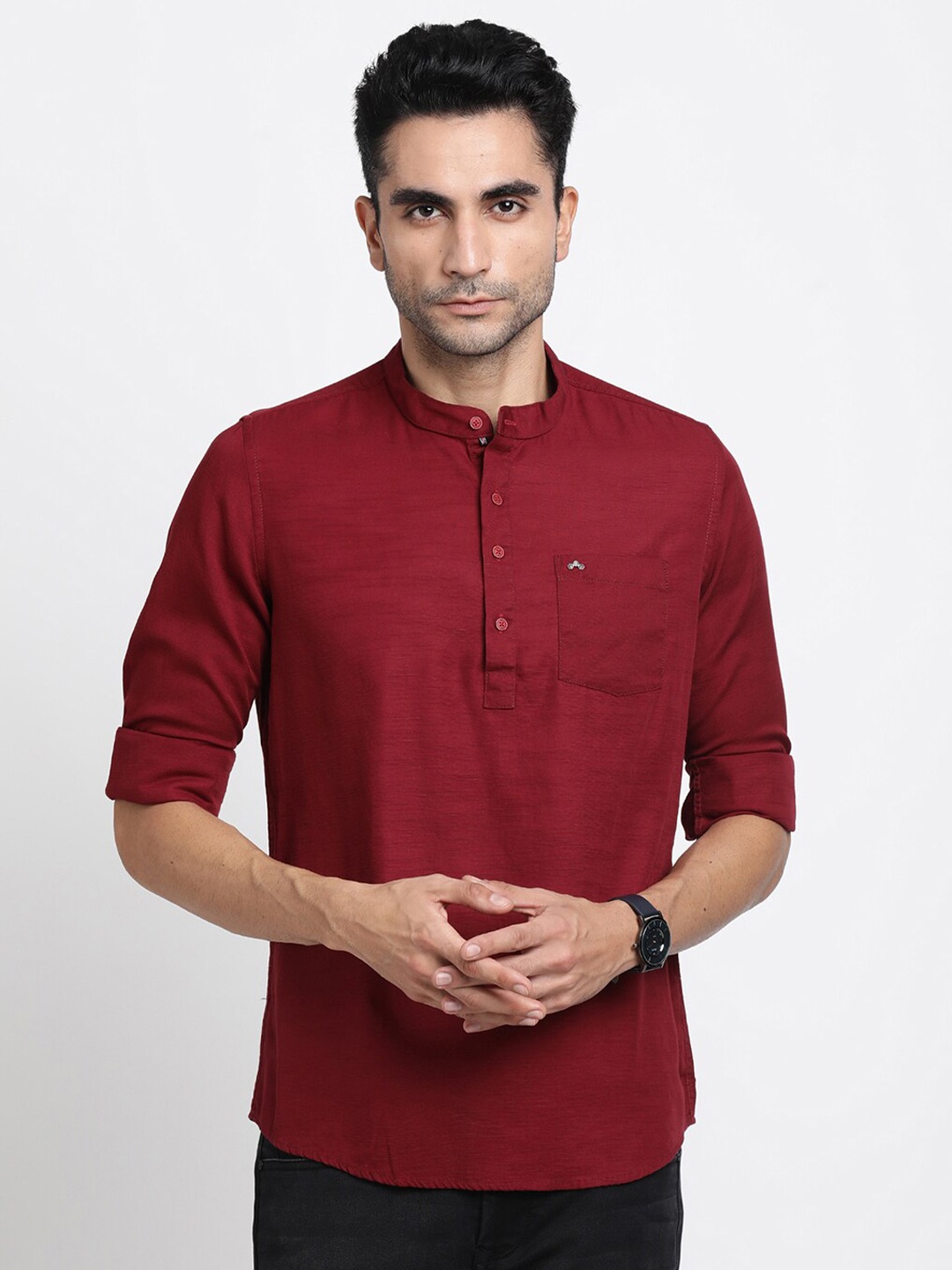 

Turtle Relaxed Slim Fit Mandarin Collar Cotton Casual Shirt, Maroon