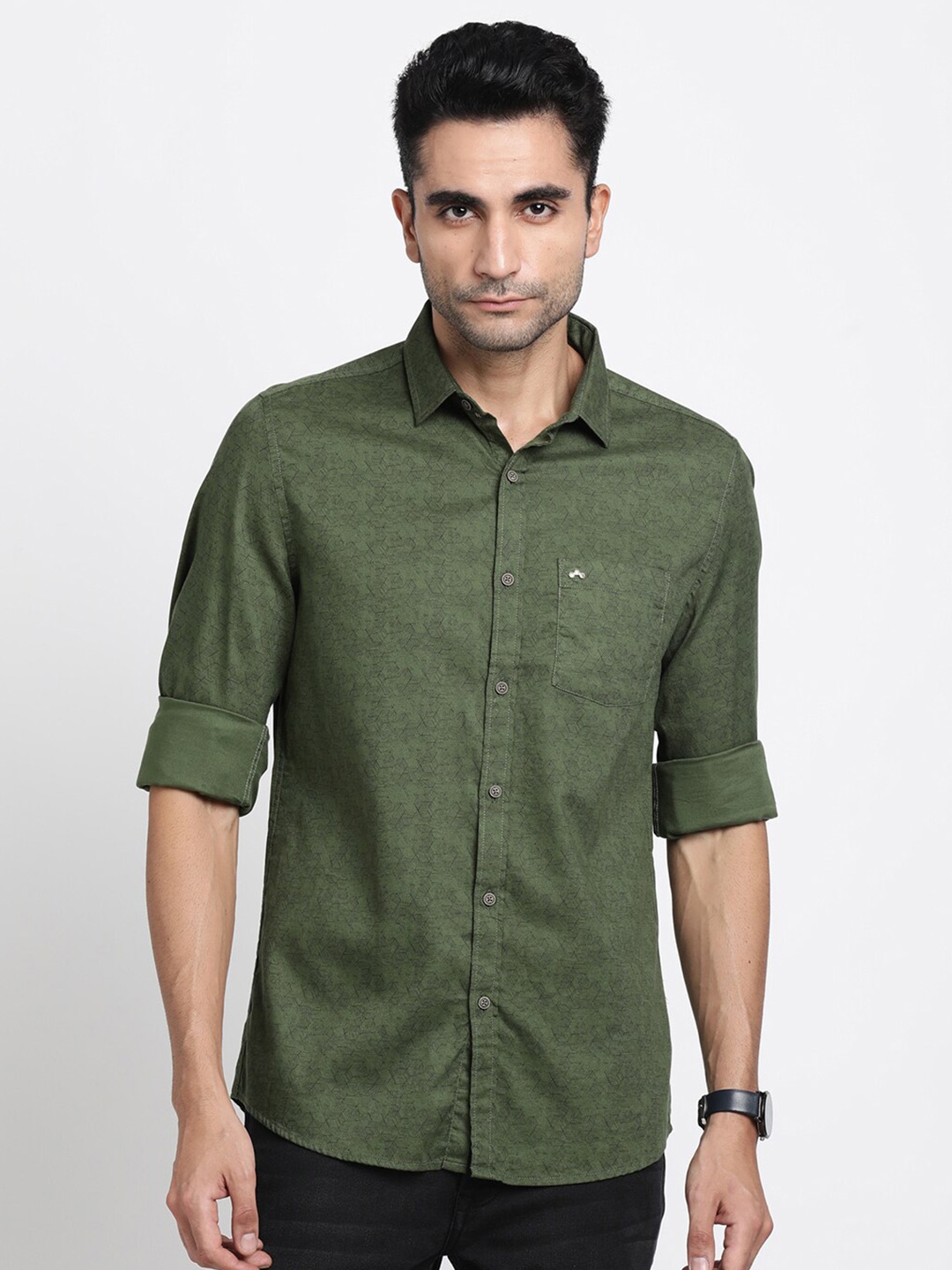 

Turtle Relaxed Slim Fit Micro Ditsy Printed Pure Cotton Casual Shirt, Green