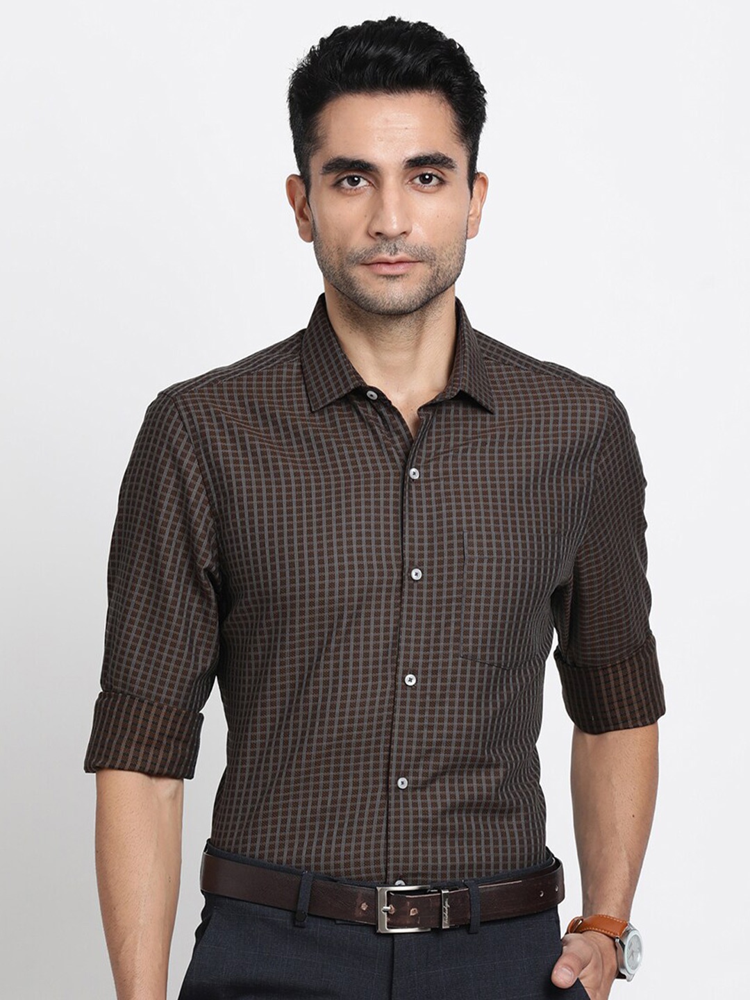 

Turtle Modern Slim Fit Micro Checked Formal Shirt, Brown