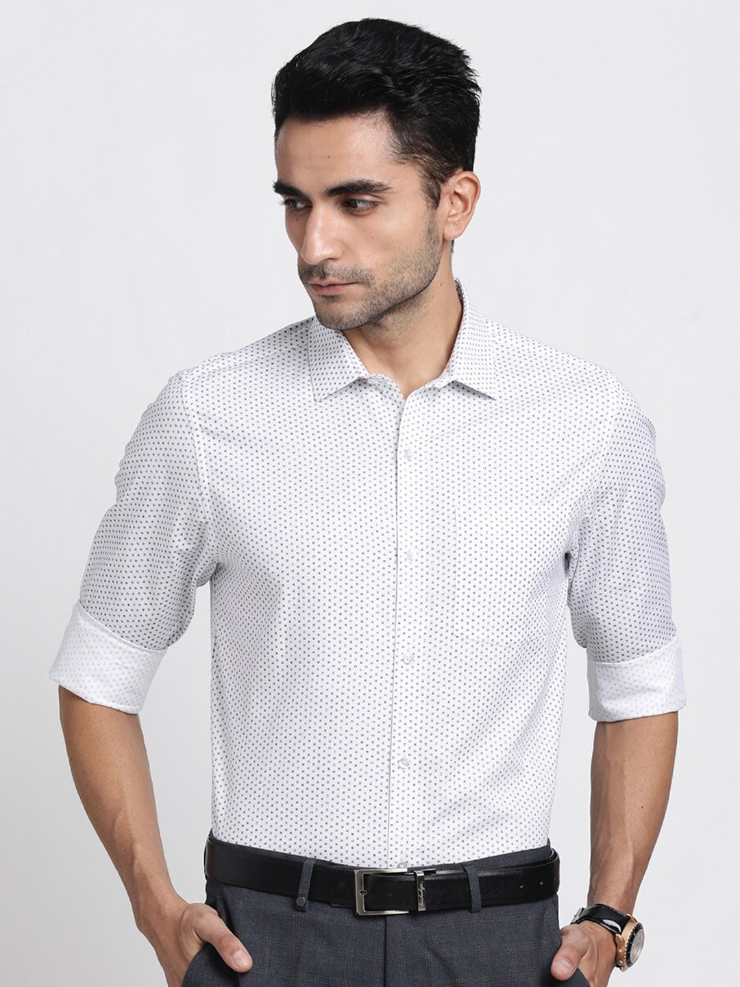

Turtle Modern Slim Fit Micro Ditsy Printed Pure Cotton Formal Shirt, White