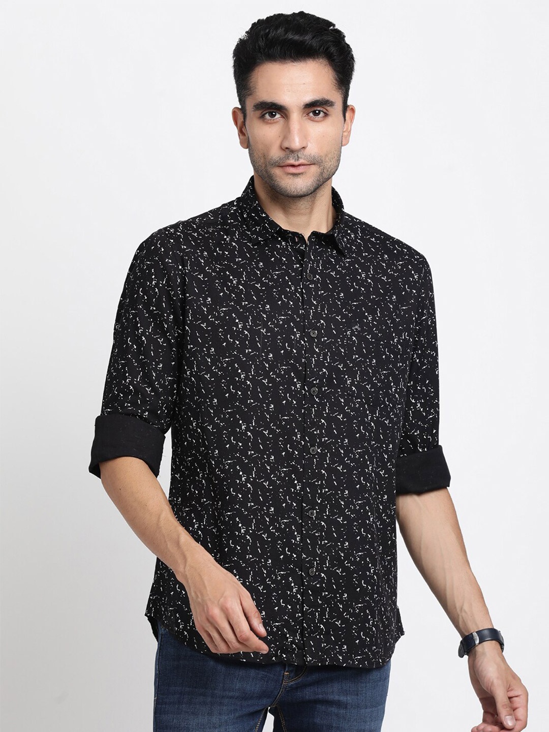 

Turtle Micro Ditsy Printed Relaxed Slim Fit Opaque Printed Lyocell Casual Shirt, Black