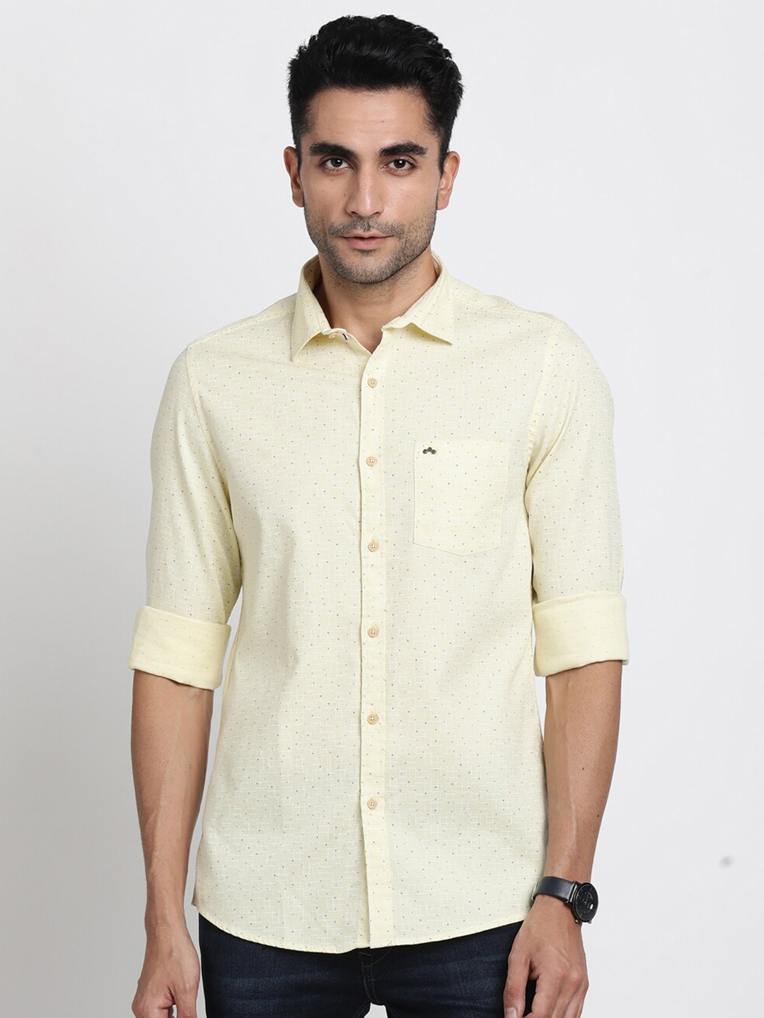 

Turtle Relaxed Micro Ditsy Printed Spread Collar Slim Fit Pure Cotton Casual Shirt, Yellow