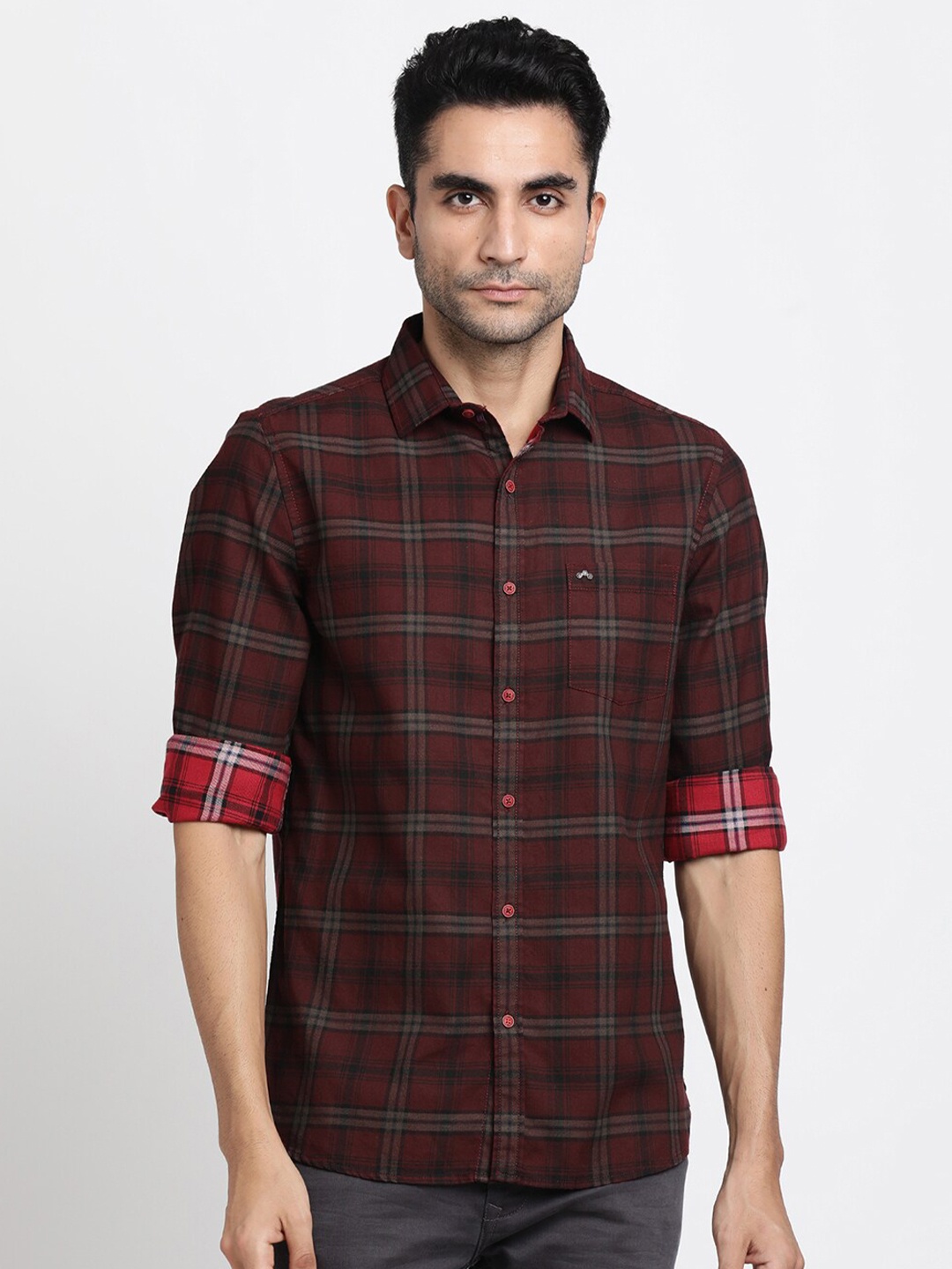 

Turtle Relaxed Slim Fit Tartan Checked Pure Cotton Casual Shirt, Maroon