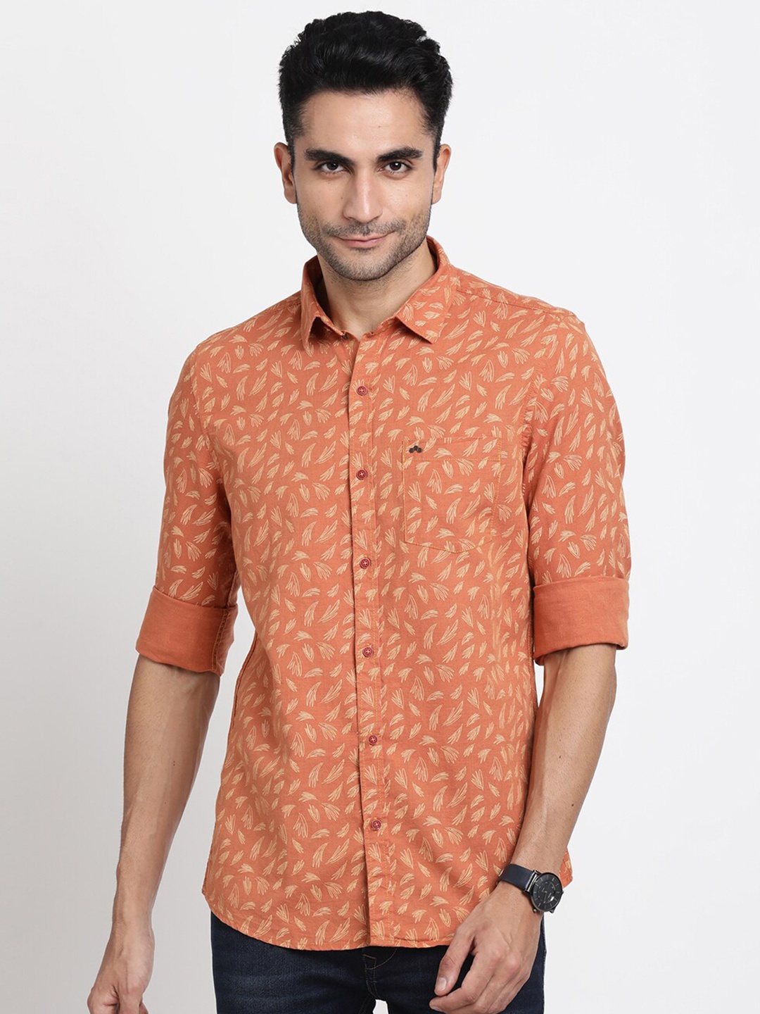 

Turtle Relaxed Slim Fit Floral Opaque Printed Cotton Linen Casual Shirt, Orange