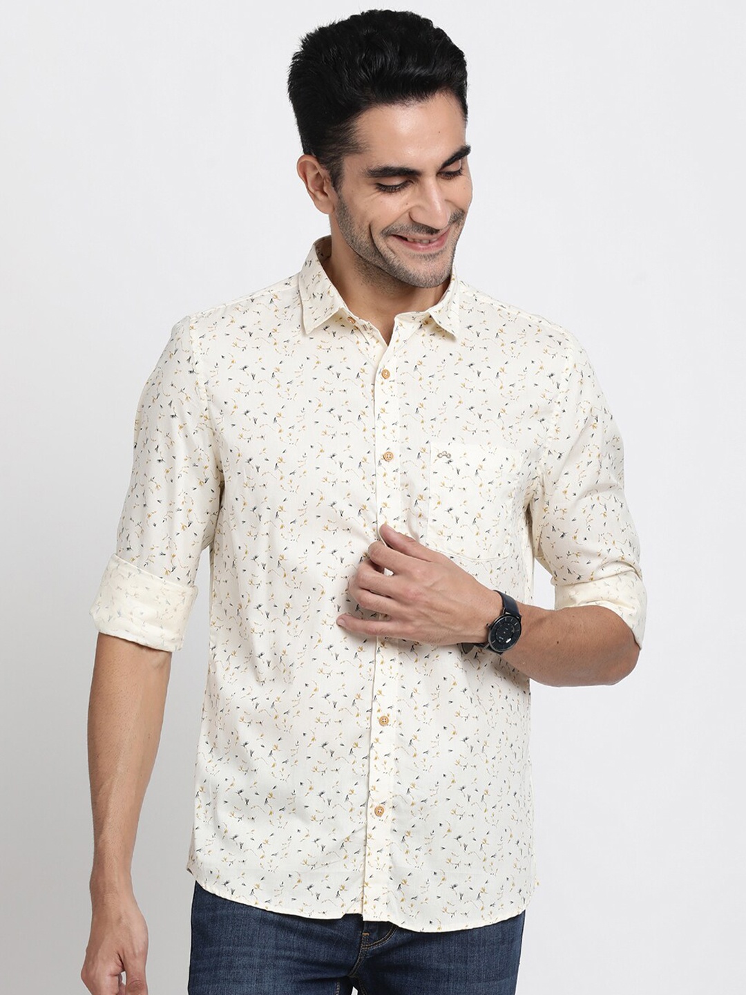 

Turtle Relaxed Slim Fit Micro Ditsy Printed Pure Cotton Casual Shirt, Beige