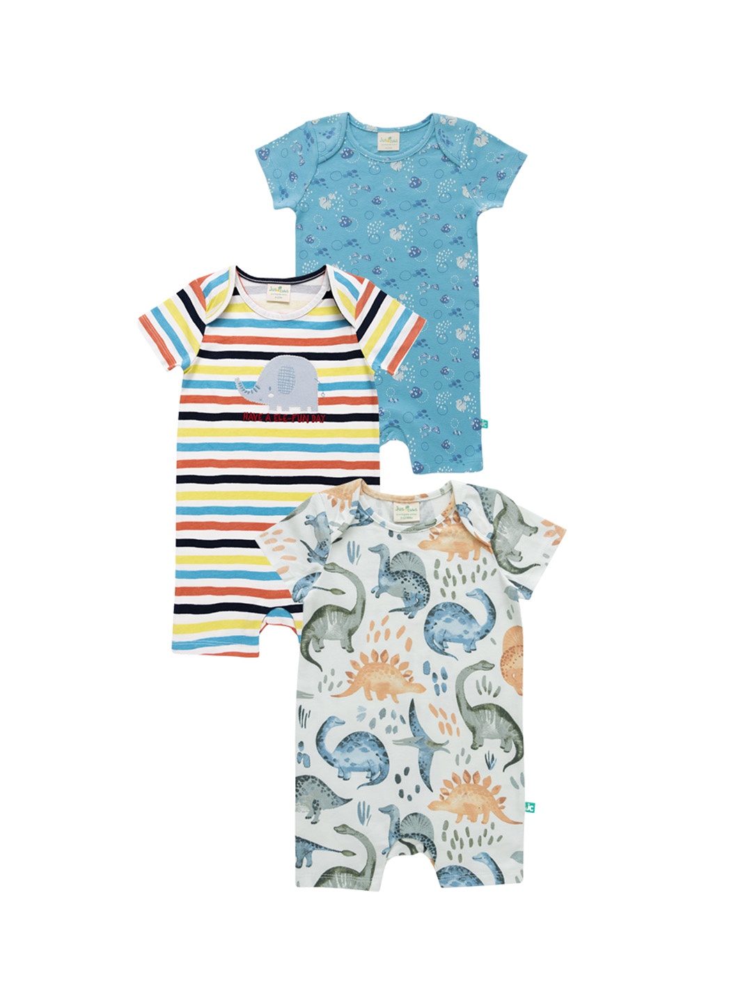 

JusCubs Infant Boys Pack Of 3 Printed Cotton Rompers, Blue