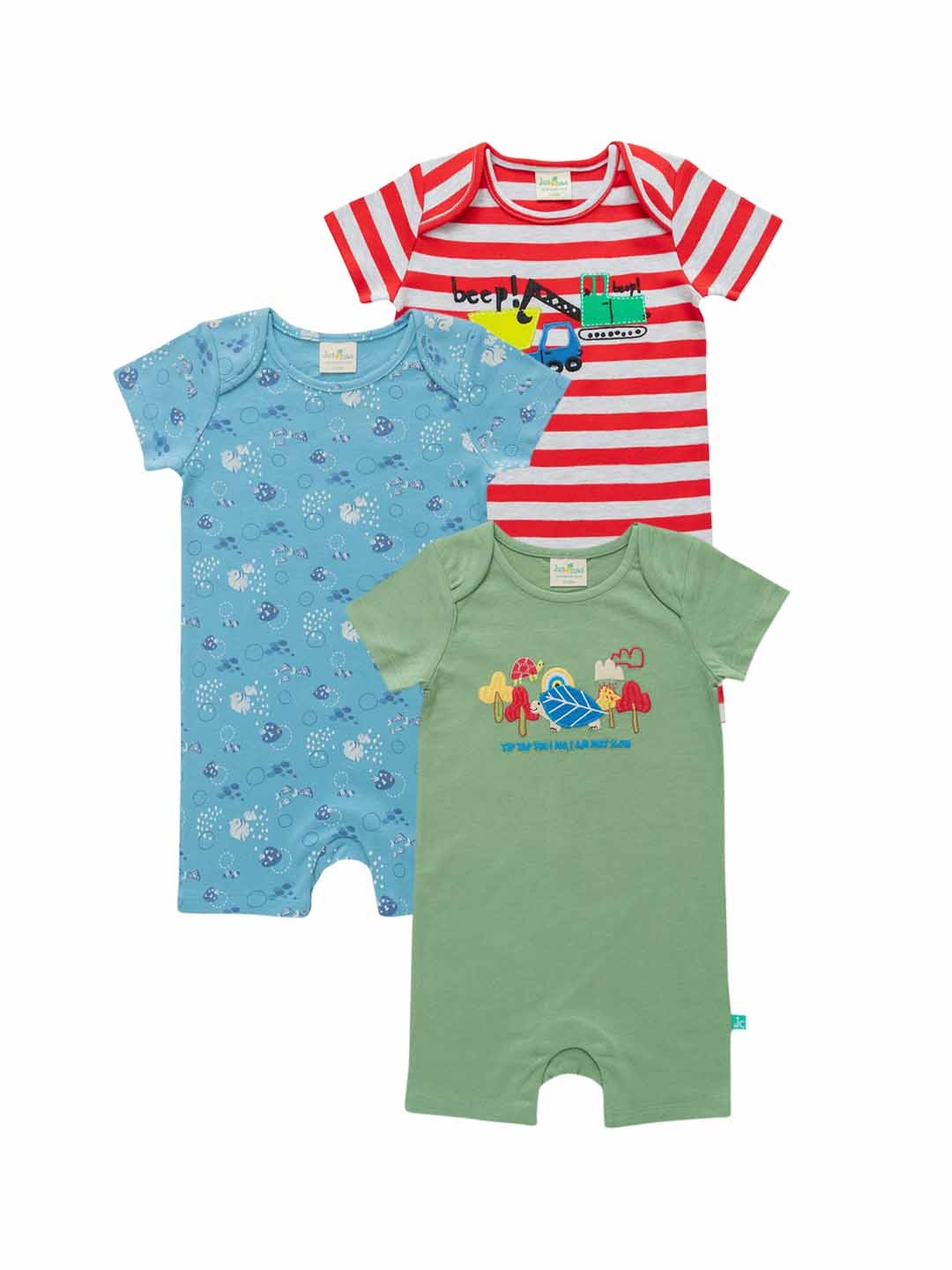 JusCubs Infant Boys Pack Of 3 Printed Cotton Rompers, Green