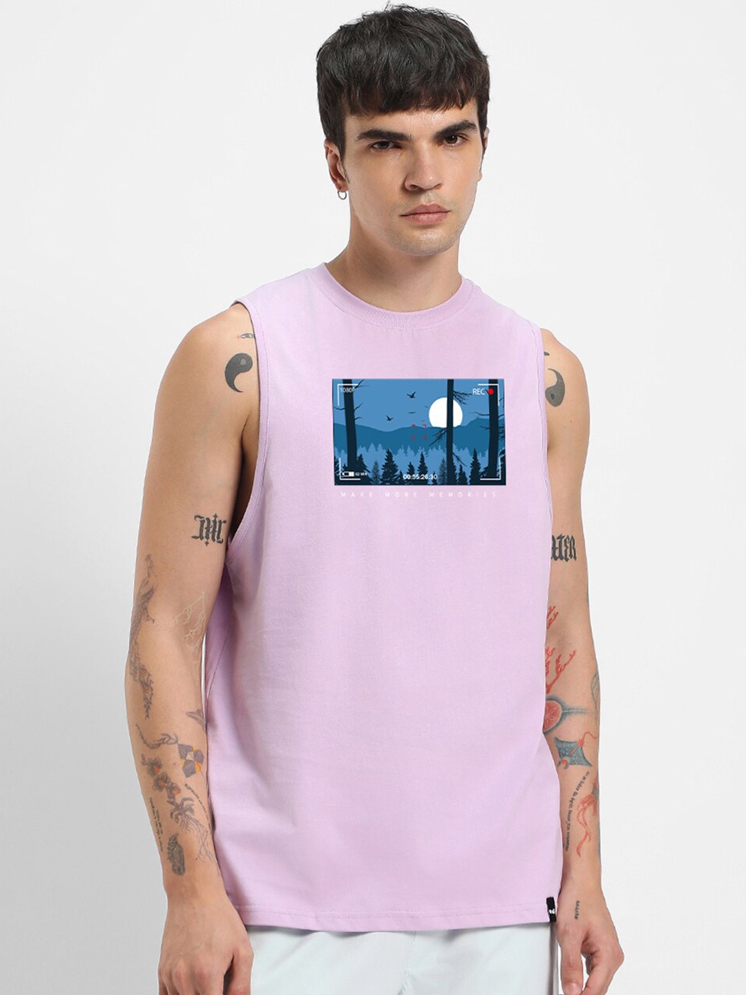 

Bewakoof Purple Graphic Printed Cotton Oversized Fit Innerwear Vest