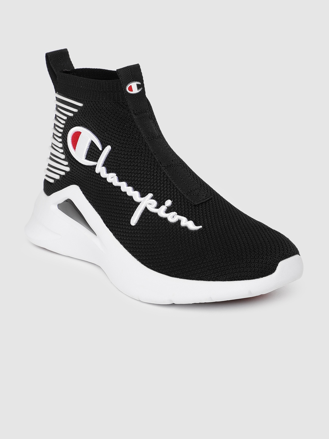 

Champion Men Woven Design Brand Logo Embossed Mid-Top Sneakers, Black