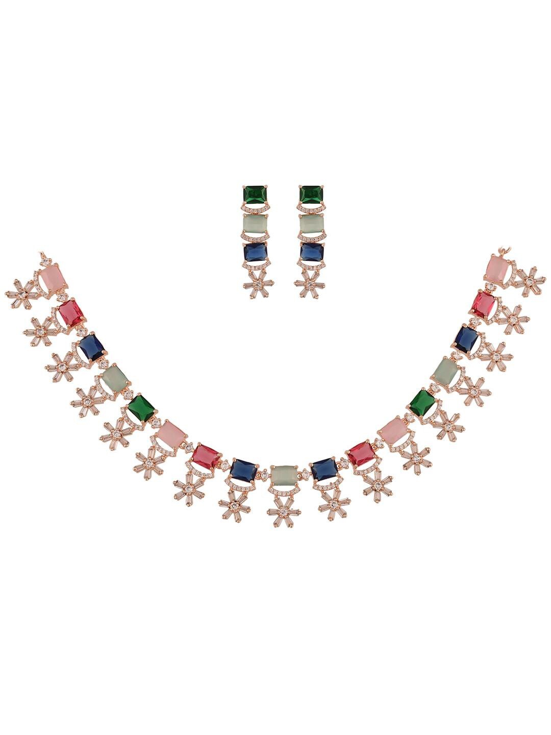 

RATNAVALI JEWELS Rose Gold-plated CZ-studded Necklace & Earrings