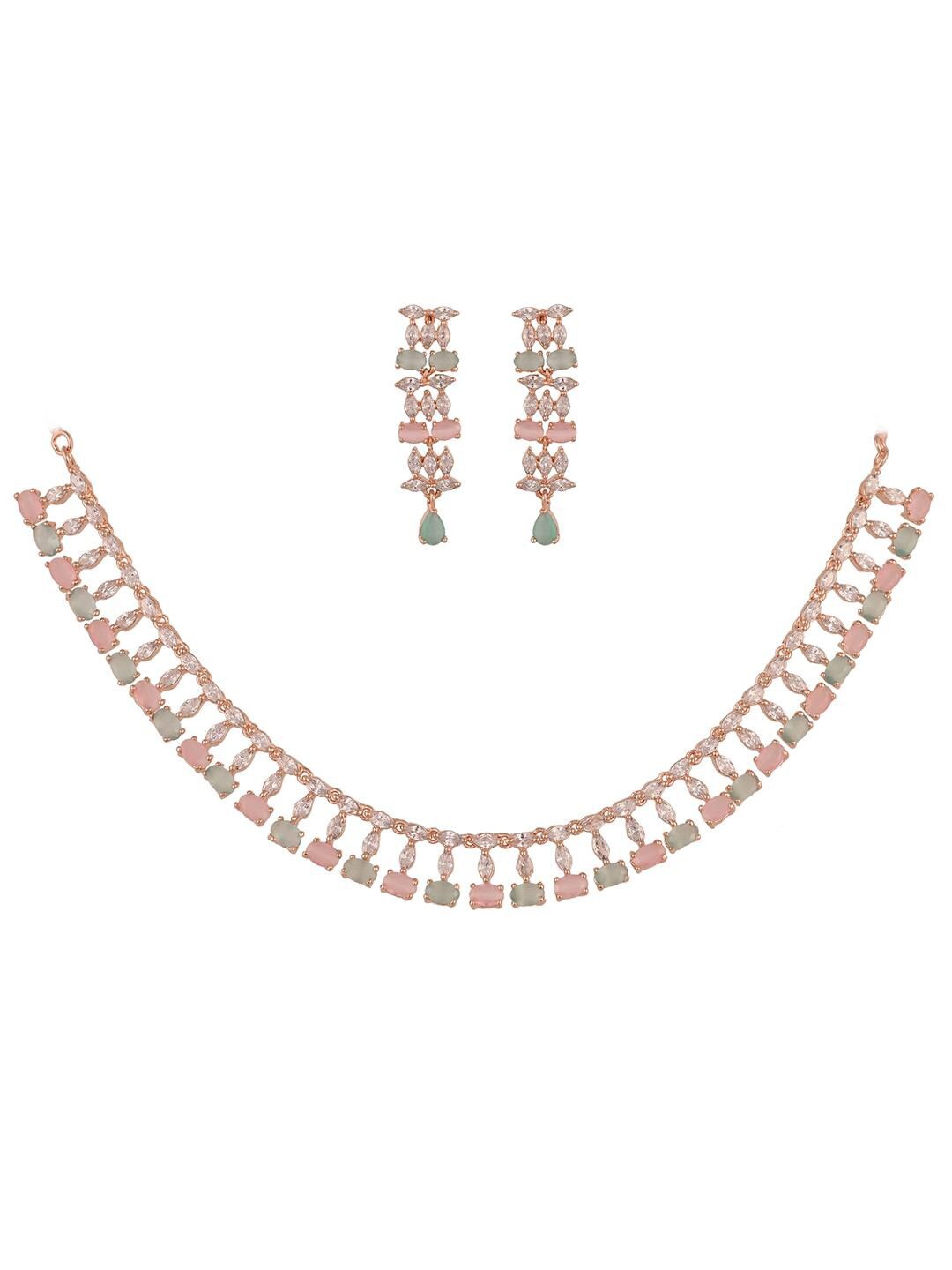 

RATNAVALI JEWELS Rose Gold-Plated AD-Studded & Beaded Necklace & Earrings