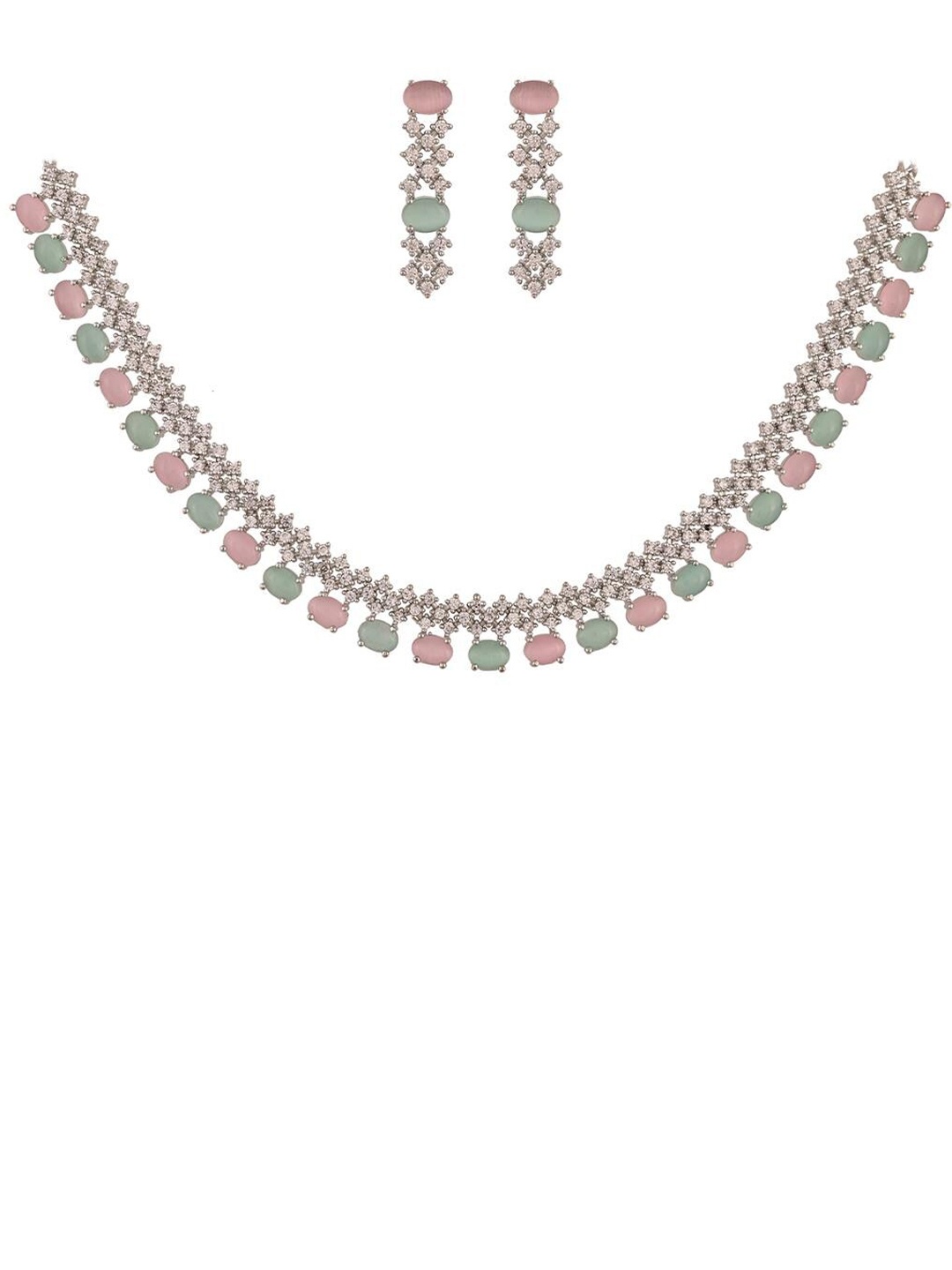 

RATNAVALI JEWELS Silver-Plated AD-Studded & Beaded Necklace & Earrings