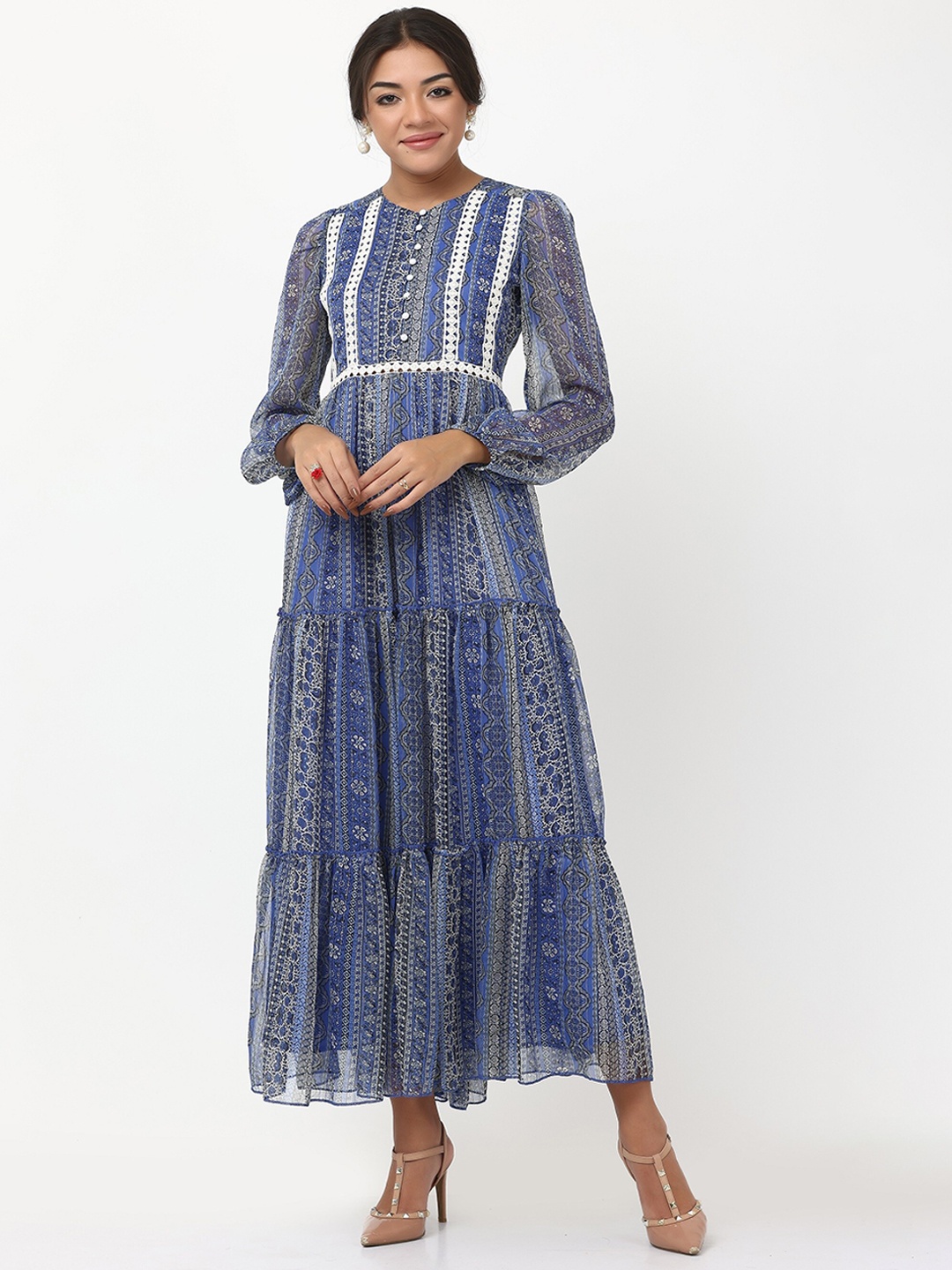 

TSM Ethnic Motifs Printed Puff Sleeve Tiered Maxi Dress, Blue