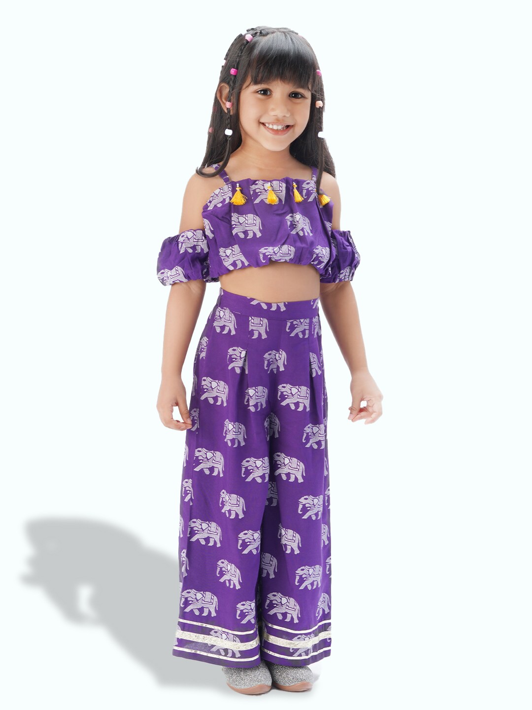 

LIL DRAMA Ethnic Print Top with Trousers With Tassle Detail, Purple