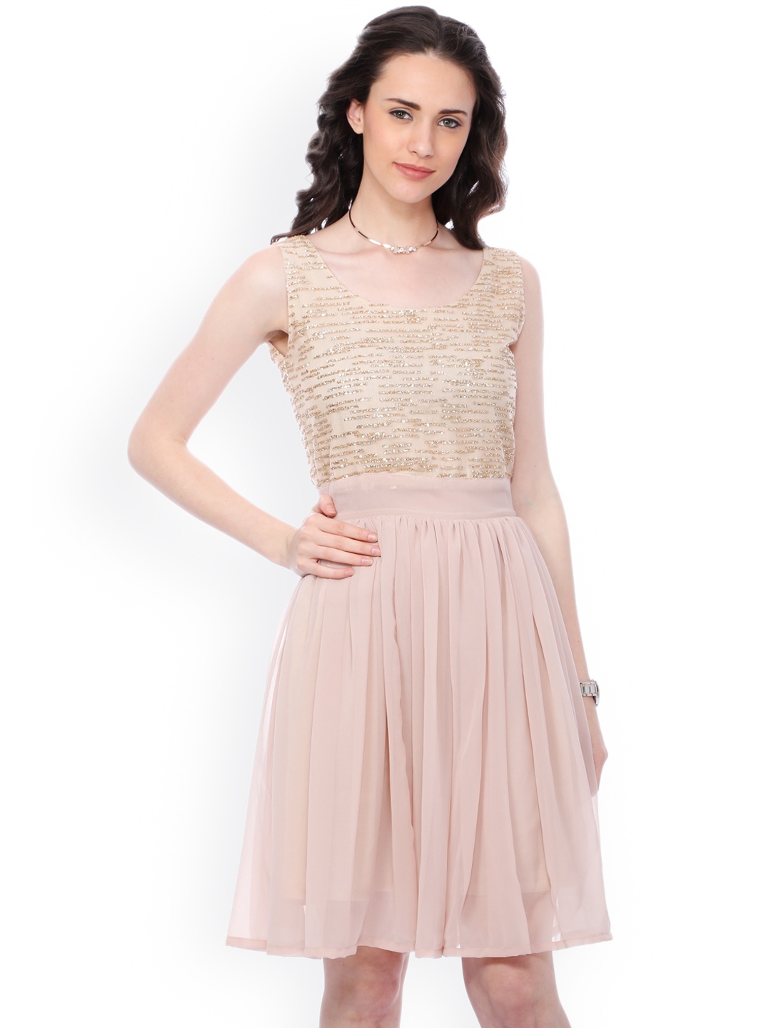 

SCORPIUS Women Beige Embellished Fit and Flare Dress