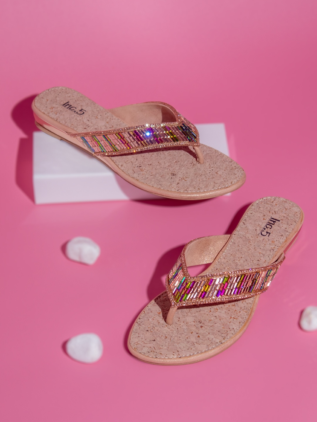 

Inc 5 Embellished Open Toe Flats, Rose gold