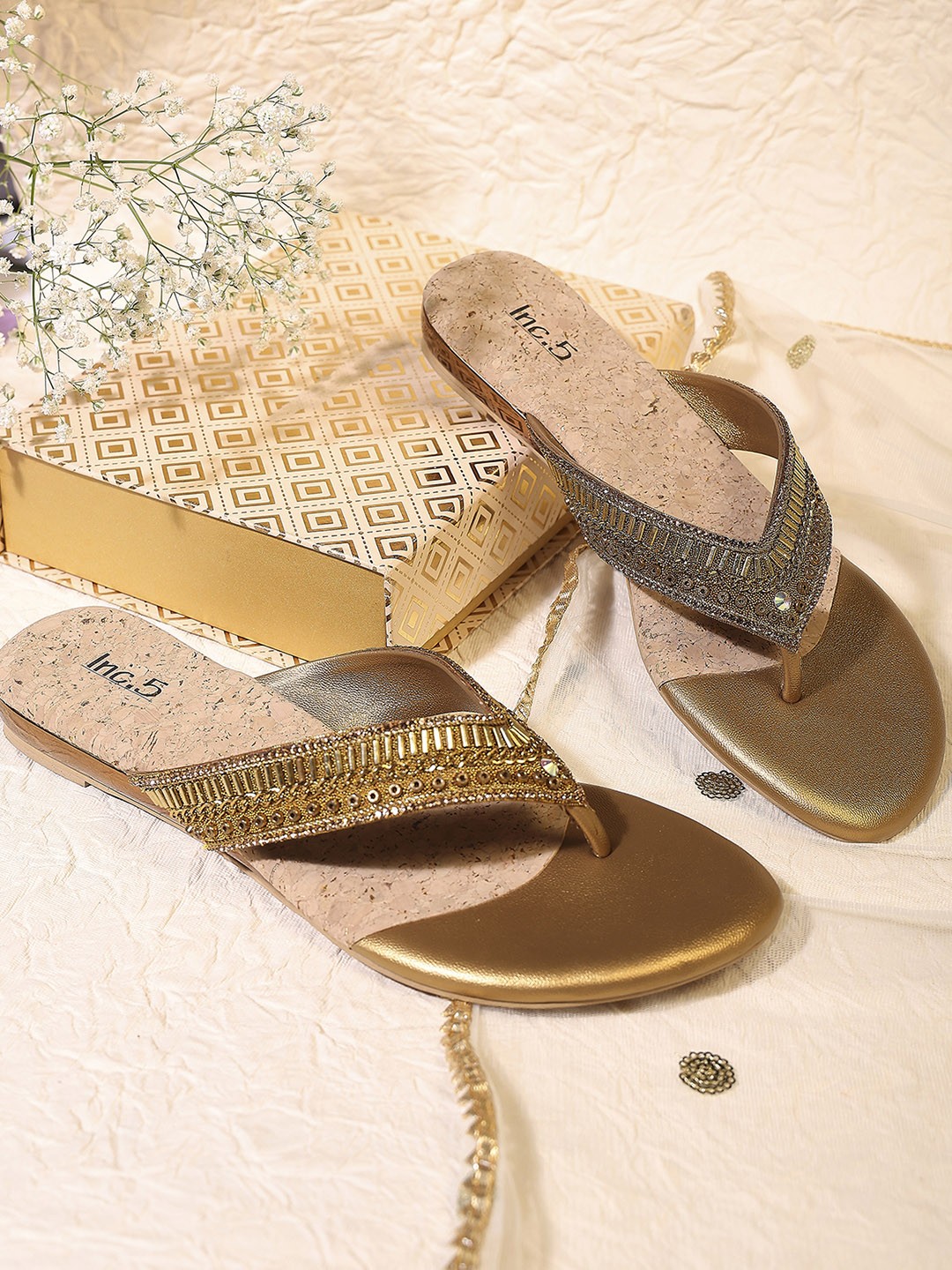 

Inc 5 Embellished Open Toe Flats, Gold