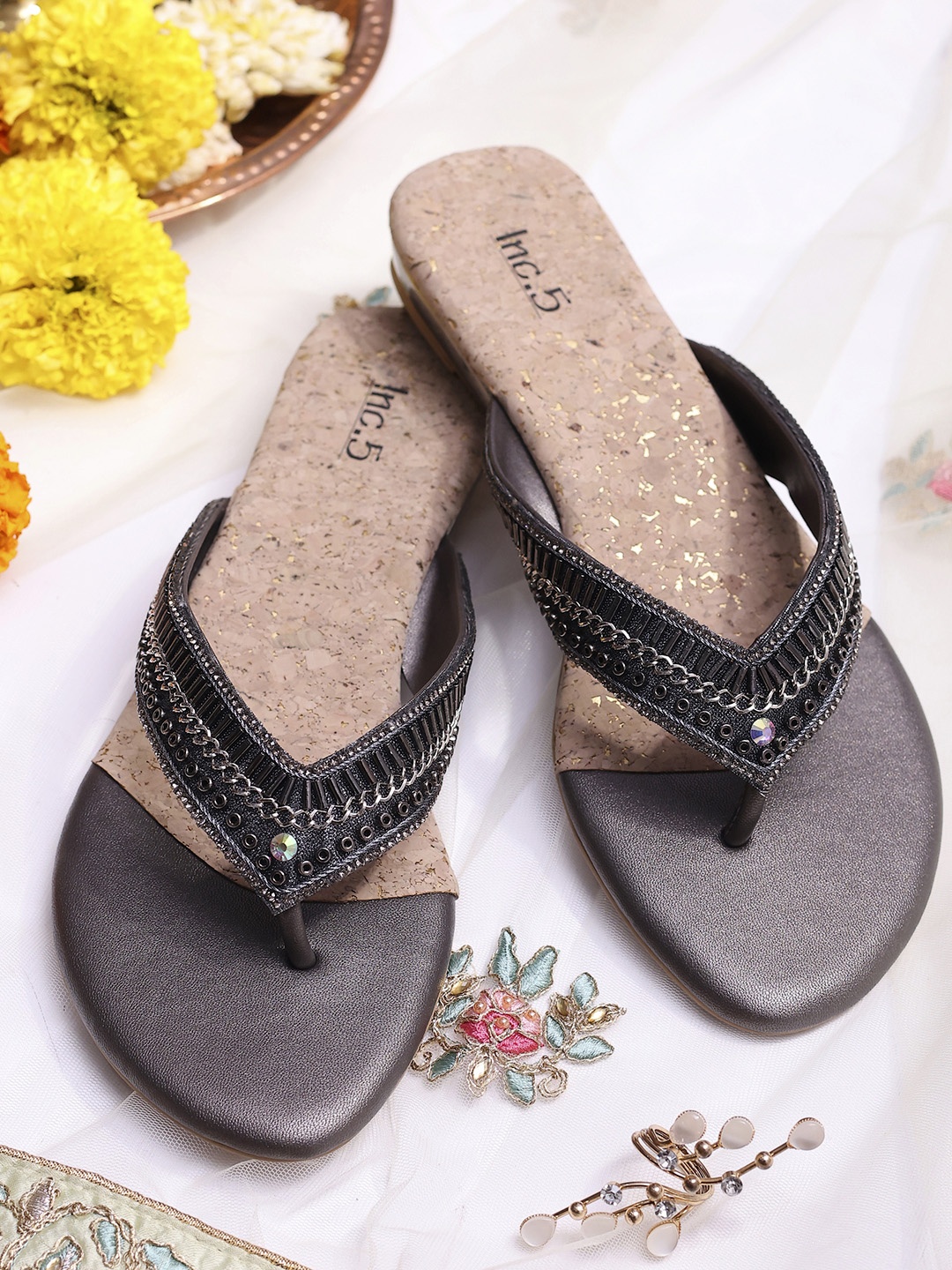 

Inc 5 Embellished Open Toe Flats, Grey