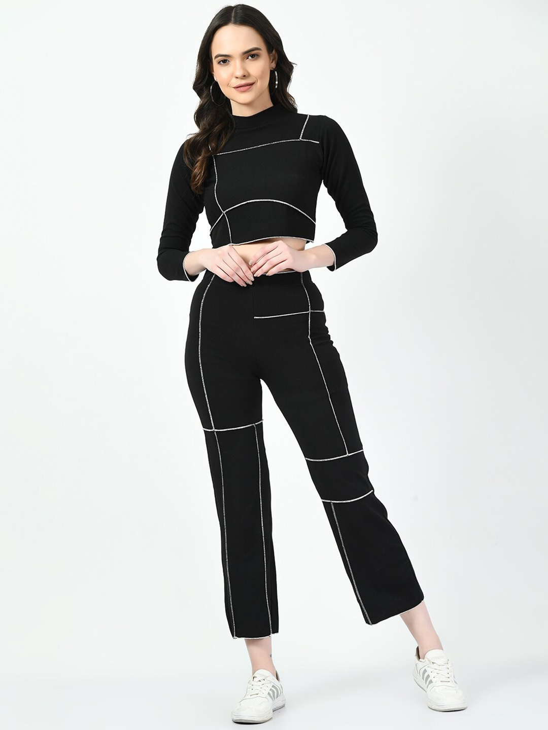 

CLAFOUTIS Self-Design Crop Top With Trousers, Black