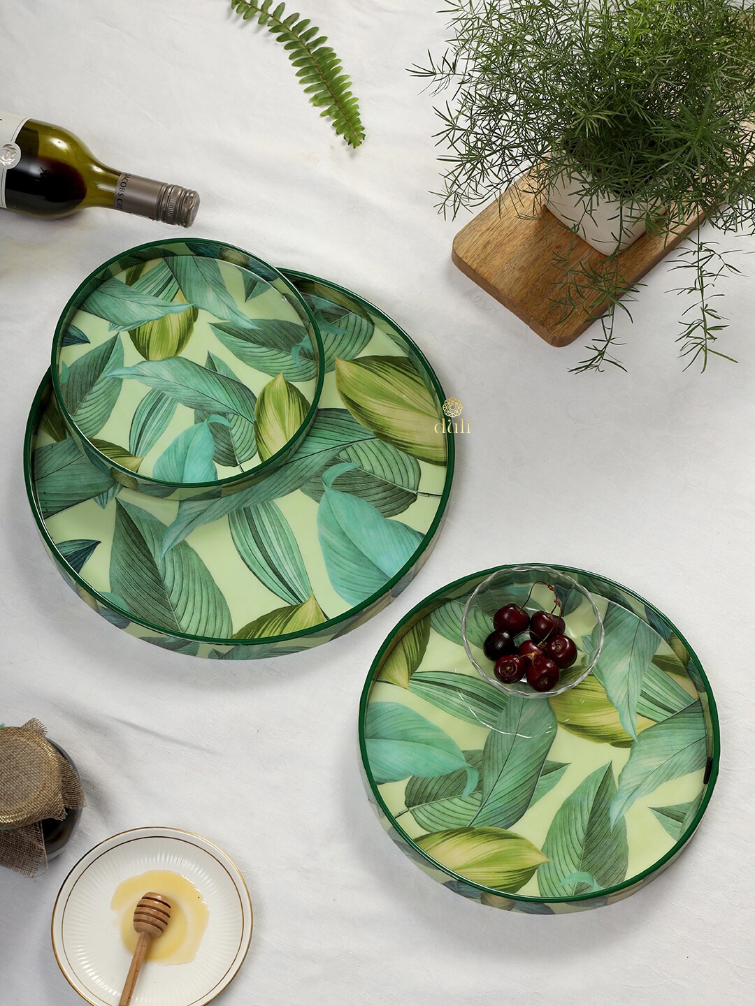 

DULI 4 Pcs Green Printed Wooden Round Tray