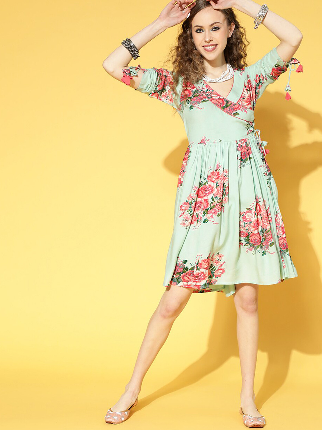 

KALINI Floral Printed Puffed Sleeves Dress, Green