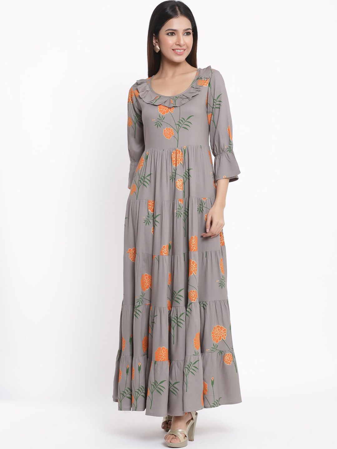

KALINI Floral Printed Tiered Puff Sleeves Anarkali Kurta, Grey