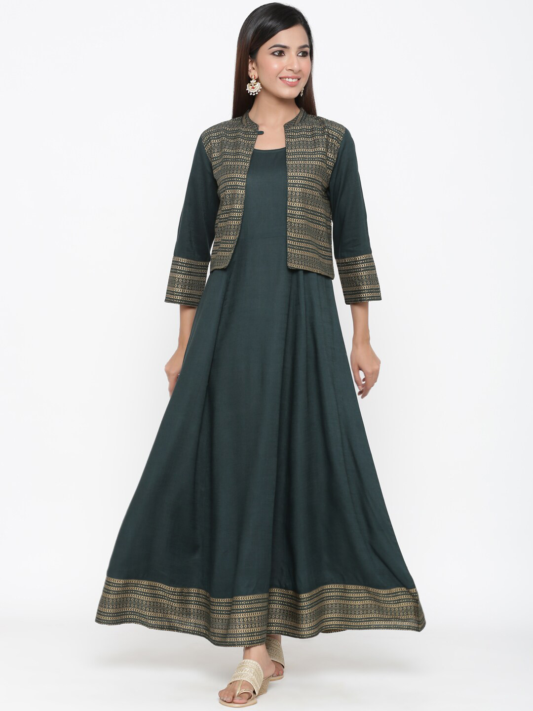 

KALINI Round Neck A-Line Ethnic Dress With Jacket, Green