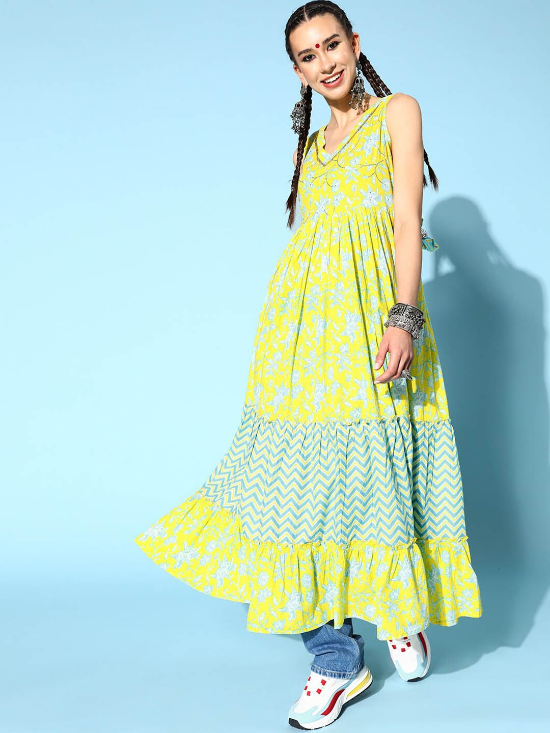 

KALINI Floral Printed Tiered Sleeveless Ethnic Dress, Green