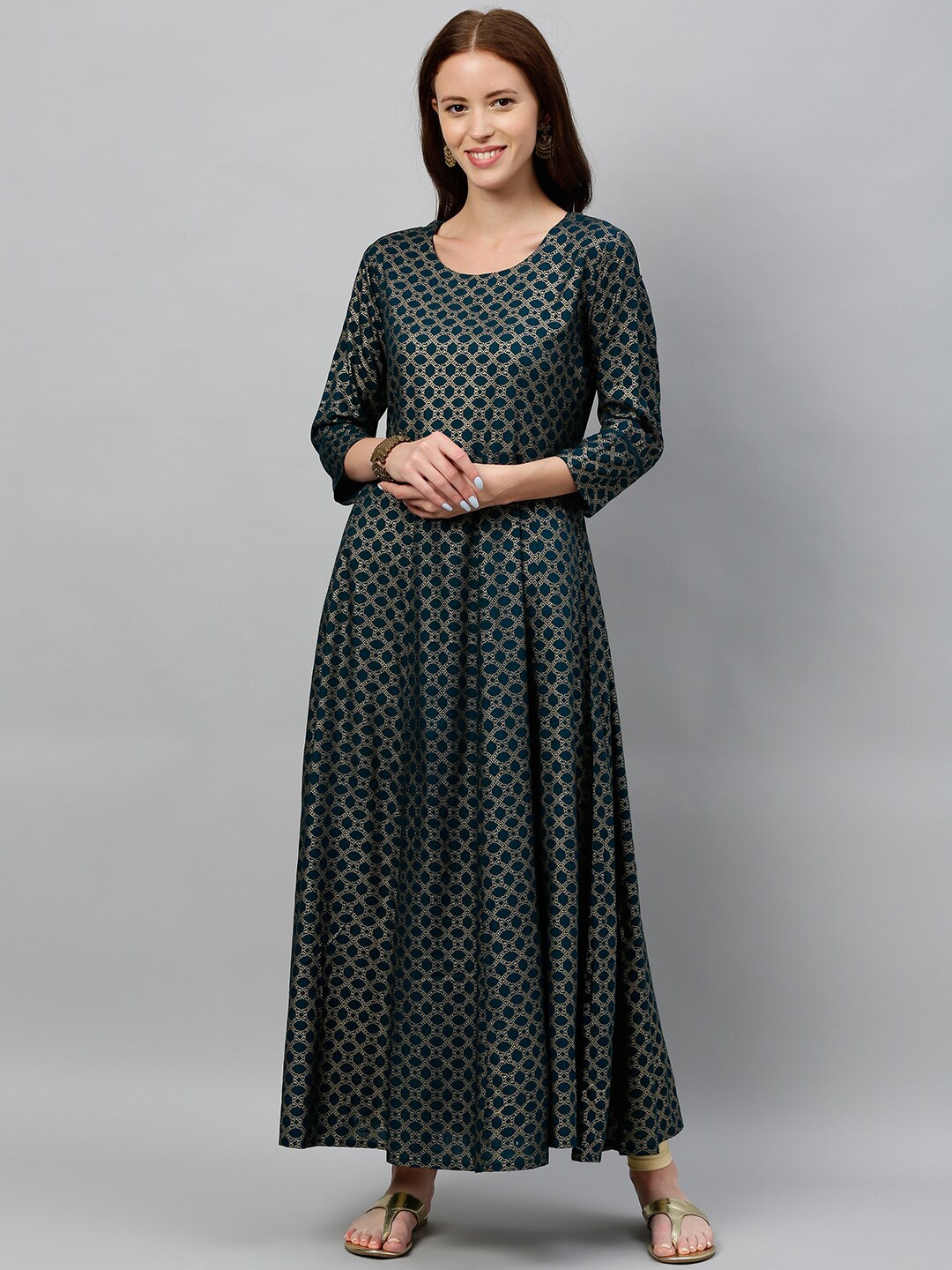 

KALINI Ethnic Motifs Foil Printed Anarkali Kurta, Teal