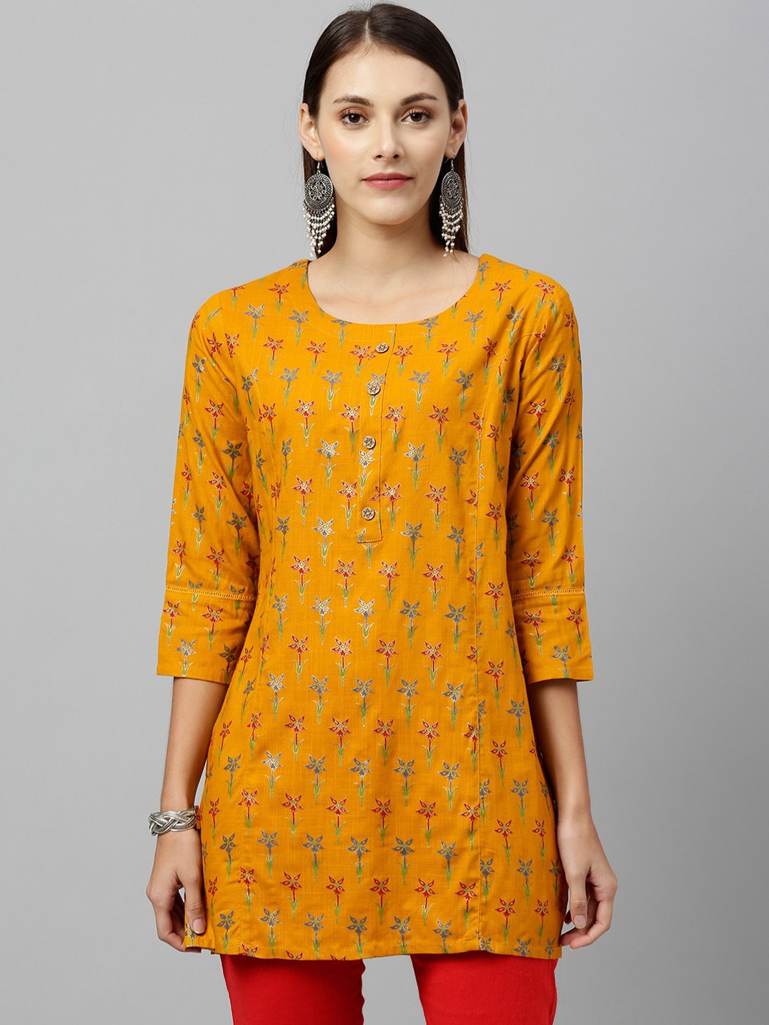 

KALINI Floral Printed Kurti, Mustard