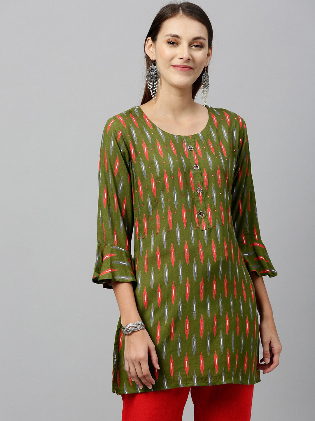 

KALINI Geometric Printed Round Neck Mirror Work Bell Sleeves Kurti, Green