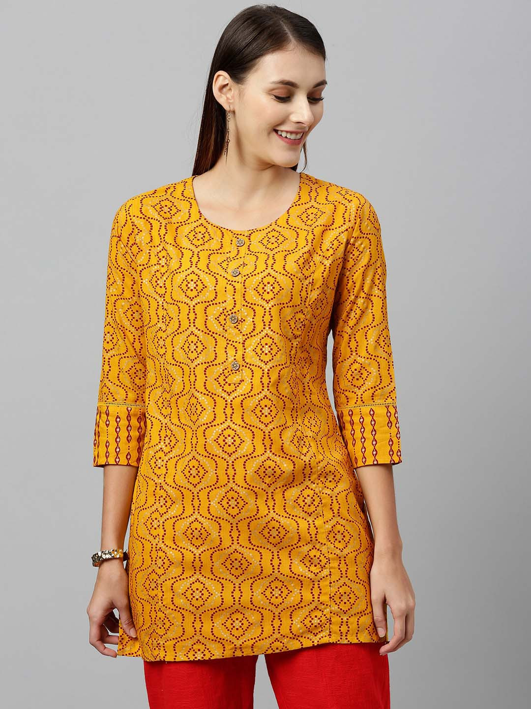 

KALINI Ethnic Motifs Printed Round Neck Kurti, Mustard