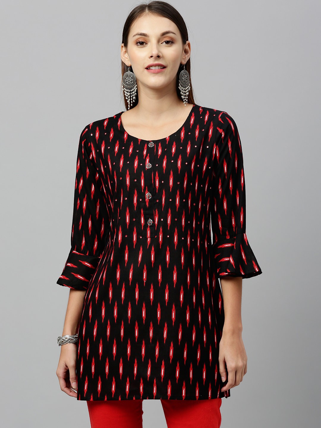 

KALINI Geometric Printed Round Neck Mirror Work Bell Sleeves Kurti, Black